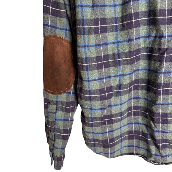 J.Crew Mens Green Blue Plaid Flannel Shirt Wool Blend Suede Elbow Patches M - Picture 7 of 11